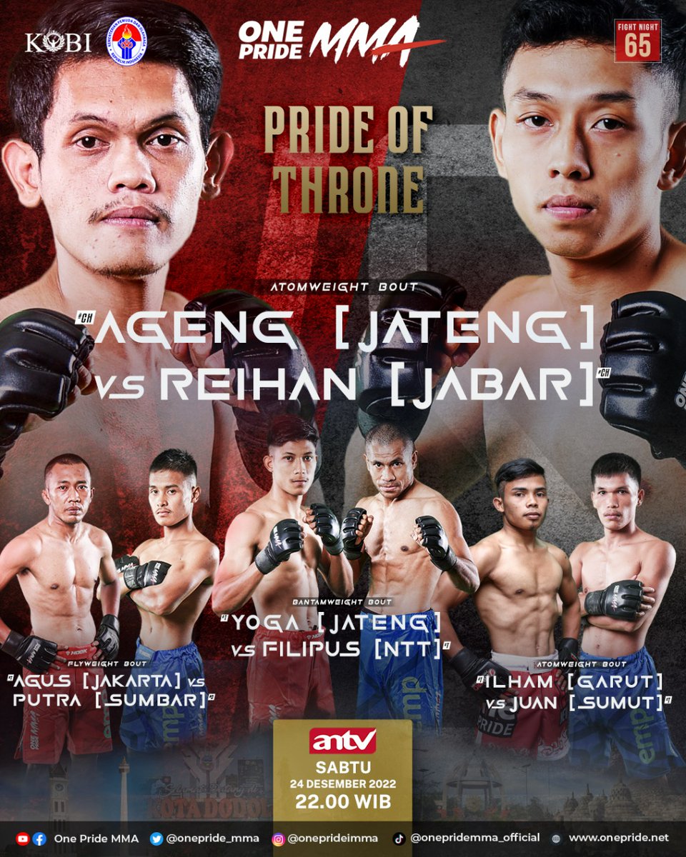 onepride_mma's tweet photo. Fight Night 65💥
Pertarungan sengit dari 8 petarung MMA terbaik akan terjadi diatas oktagon Sabtu mendatang!!

[FN65 | Sabtu, 24 Desember 2022 jam 22.00 WIB | Live di ANTV + YouTube  One Pride MMA] 

#OneprideMMA #FightNight65 #KOBI https://t.co/a4W1mK1JjT