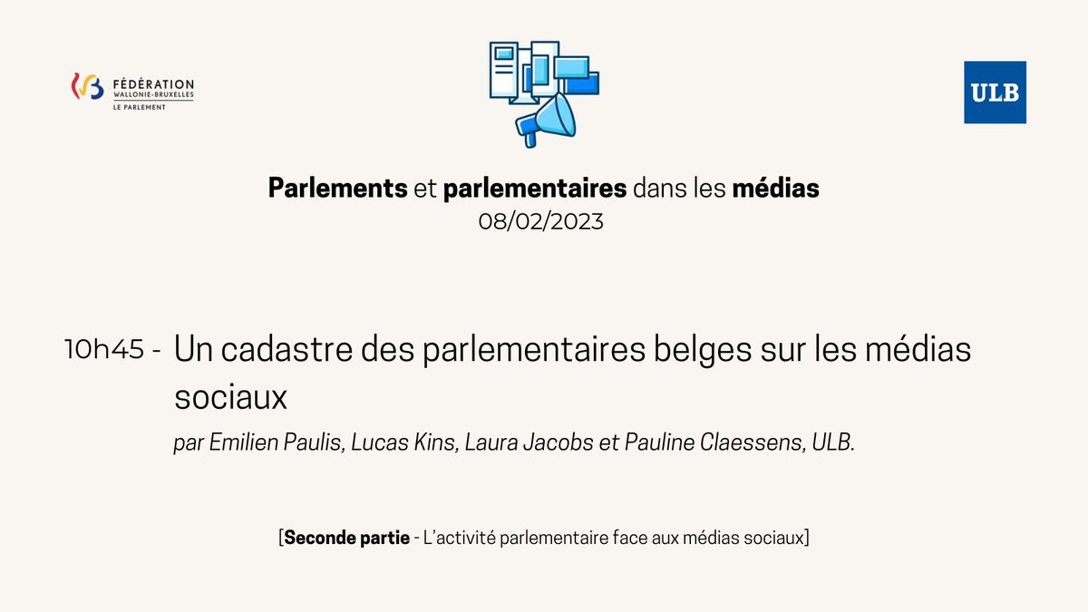 Emilien Paulis, @KinsLucas, <a href="/LCJacobs89/">Laura Jacobs</a> et <a href="/paclaess/">Pauline Claessens</a> analysent la présence des députés sur Facebook, Instagram et Twitter ou encore TikTok. Certains se révèlent neutres, d’autres plus actifs voire conflictuels. Tous les quatre nous feront part de leurs réflexions.

#PFWB
