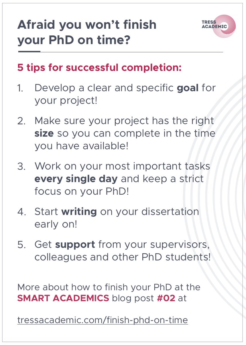 TressAcademic's tweet photo. If you want to finish your PhD on time consider these 5 tips!
#academictwitter #smartacademicsblog #research #phd #phdjourney @science_pit @LuisaBorrell @chinuasfa21 @Kamuruu_G @circapsiena @JohnShadrack7 @atmbiopro @NpZainab @scpatricio @JoysPhd @mafer_c_r @beiwu66 @DexiaKong https://t.co/X5W2rUVmdM