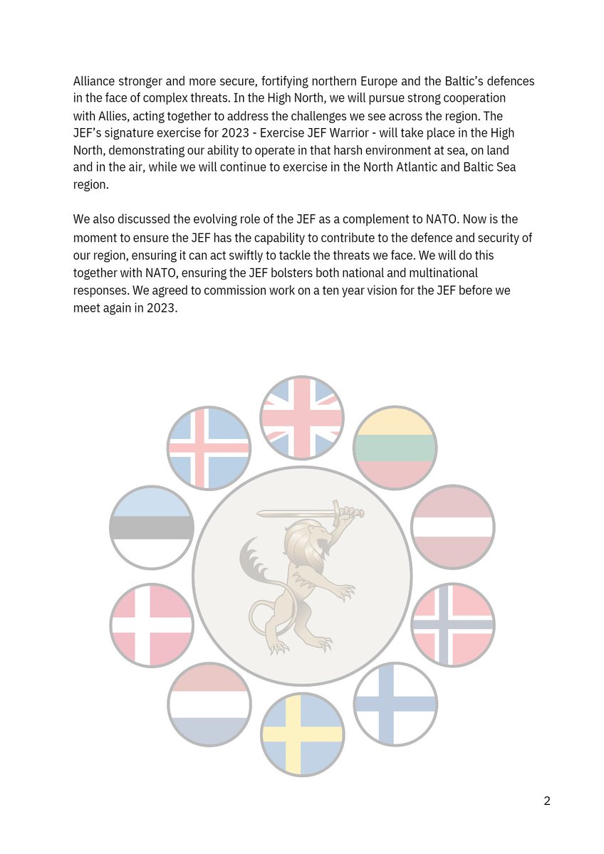 JEFnations's tweet photo. The @JEFnations Leaders' Statement:

"We considered a range of security challenges affecting our region, including increased Russian military activity in the High North, North Atlantic and Baltic Sea region, and growing hybrid threats".

#JEFtogether 🇩🇰🇪🇪🇫🇮🇮🇸🇱🇻🇱🇹🇳🇱🇳🇴🇸🇪🇬🇧🤝🏻🇺🇦 https://t.co/F4xJR1Rc8p