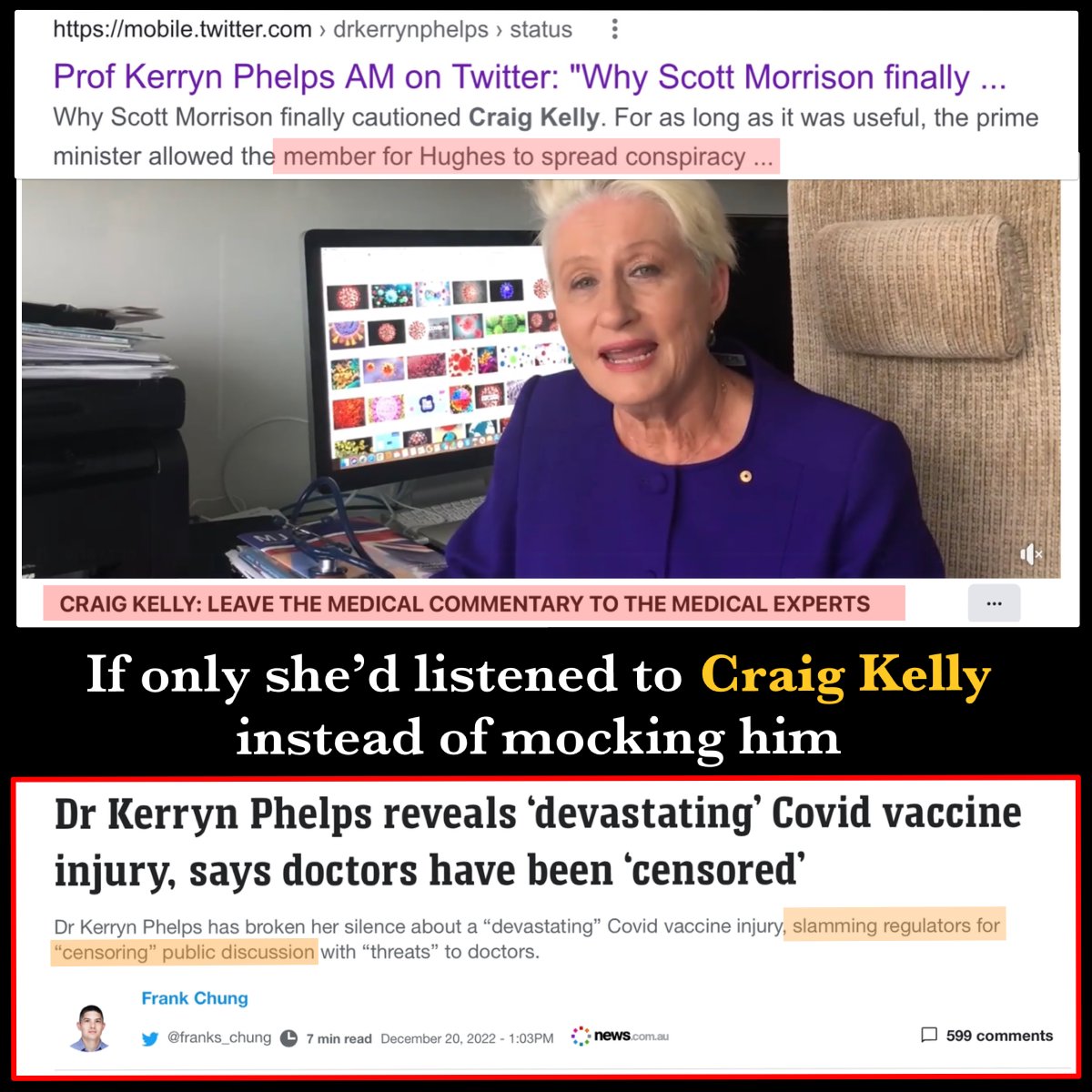 IF ONLY SHE’D LISTENED

Kerryn Phelps accused me of spreading ‘conspiracy theories’ when I tried to warn that the evidence showed the ‘safe &amp; effective’ narrative peddled by Big Pharma was a lie

She even recording demanding video public debate be censored &amp; left to ‘experts’