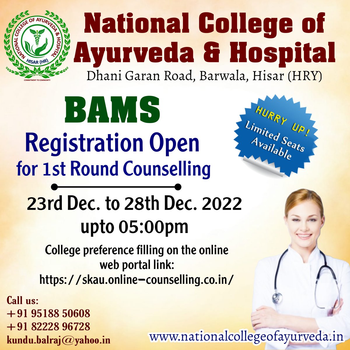 NCABarwala's tweet photo. Registration open for BAMS 
Call +919518850608
+918222896728
#BAMS #SKAU https://t.co/kq0mFXuVXM