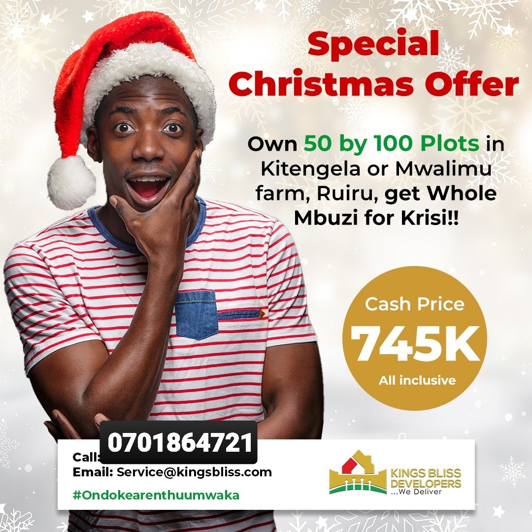 barongo254's tweet photo. SHIKA PLOTI, SHINDA MBUZI YA CHRISI!! 🐐🐐🎄🎄

Take advantage of this 𝐒𝐩𝐞𝐜𝐢𝐚𝐥 𝐂𝐡𝐫𝐢𝐬𝐭𝐦𝐚𝐬 𝐎𝐟𝐟𝐞𝐫 to own a Value-added plot in Kisaju.

A Christmas Mbuzi for every Cash Purchase, awaits you!

Size: 50 by 100 
Cash price: Kshs 745,000 https://t.co/4dxjo7eSGv
