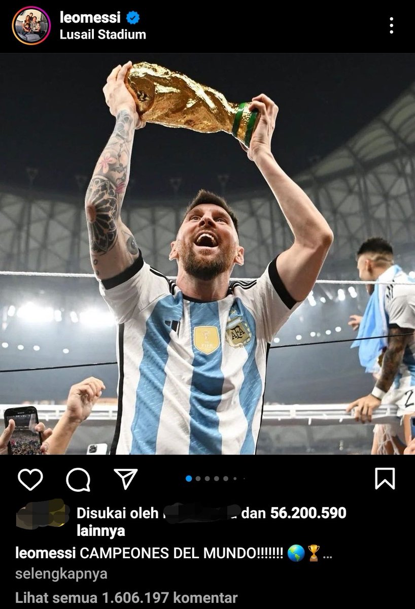 RESMI : Postingan juara Piala Dunia Lionel Messi menjadi foto dengan like terbanyak sepanjang sejarah berdirinya Instagram. 🐐