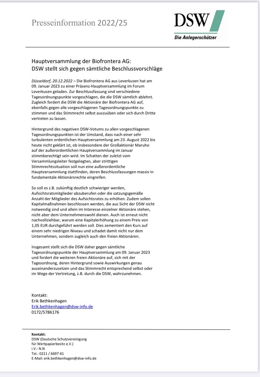 marc_tuengler's tweet photo. Die Never-Ending Story bei #Biofrontera geht am 09. Januar 2023 mit einer ao. HV in die nächste Runde.
Die Tagesordnung hat es in sich.
Dazu haben wir heute eine PM veröffentlicht, mit der wir uns gegen sämtliche TOP stellen.
Hier geht es zu #DSW-Meldung:
https://t.co/SBjY8ikgiR https://t.co/2n2bSL7JqW