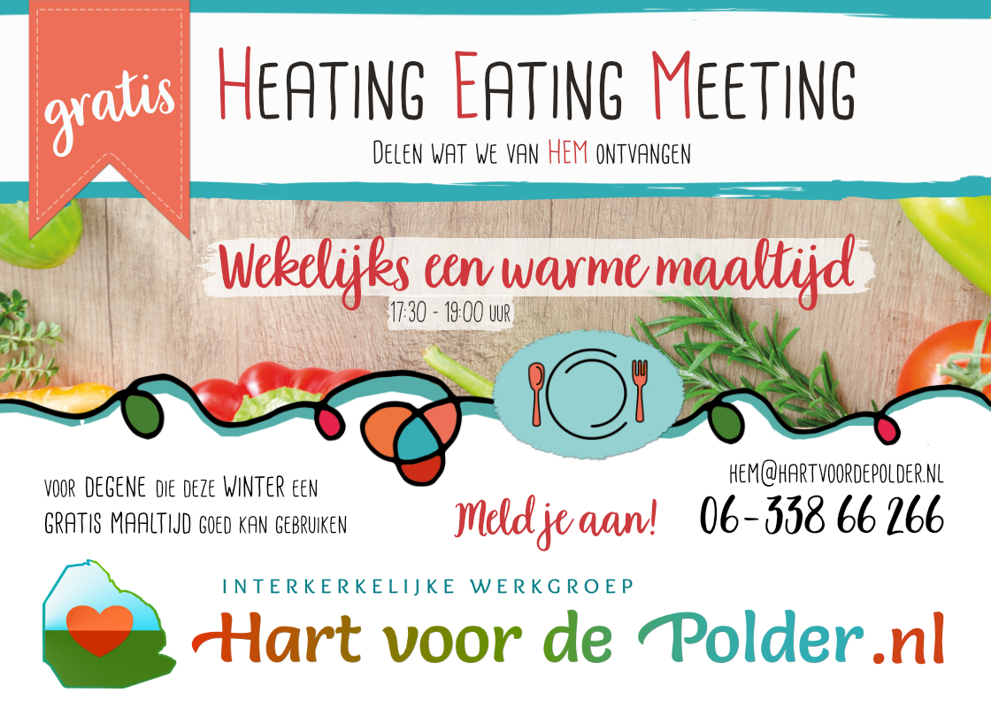 Kom je moeilijk rond deze winter, of wil je gewoon eens gezellig samen eten? Geef je dan op en om dan naar deze wekelijke maaltijden in Emmeloord. Neem ook gerust mensen mee! Welkom!
Uitgebreide informatie op hartvoordepolder.nl
