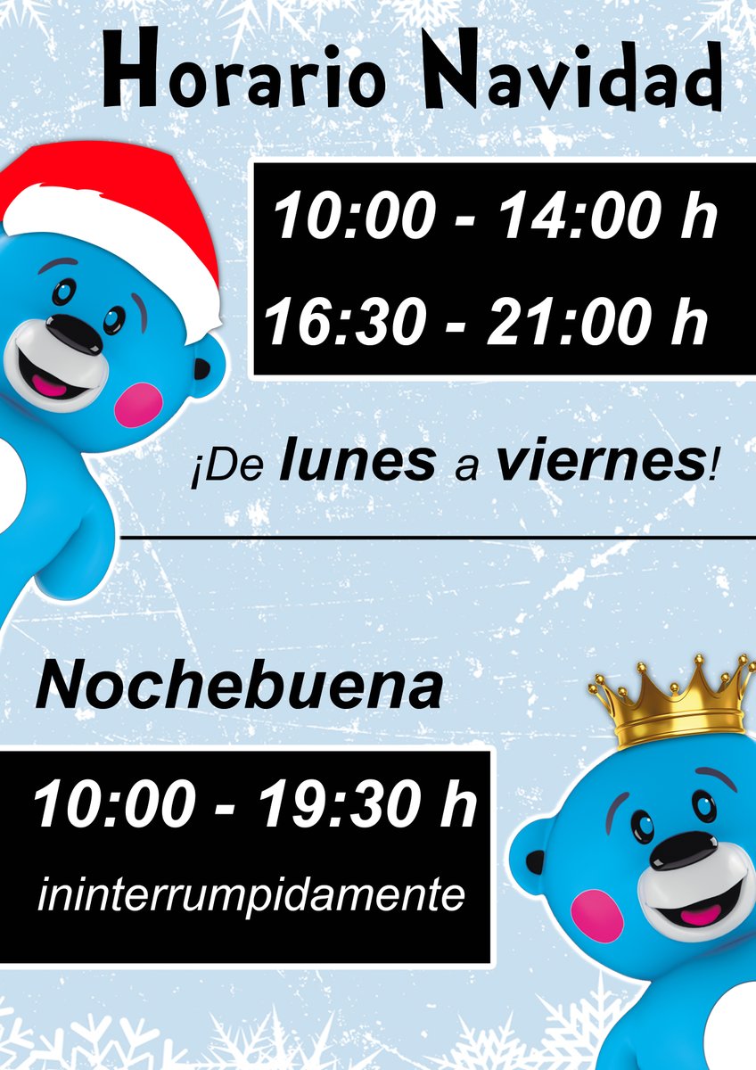 JOSBERTOYS's tweet photo. ¿Todavía no conoces nuestros horarios de apertura/cierre para esta semana? 🕐
¡Nos vemos en #Josbertoys! 😋🎁
👉 https://t.co/sC0cbKgJga 🛒
#josber #josbergroup #jugueteria #TiendaOnline #juguetes #jugueteriaonline #alicante #murcia #horarionavidad #nochebuena #semananavidad https://t.co/qUX05v0l0s