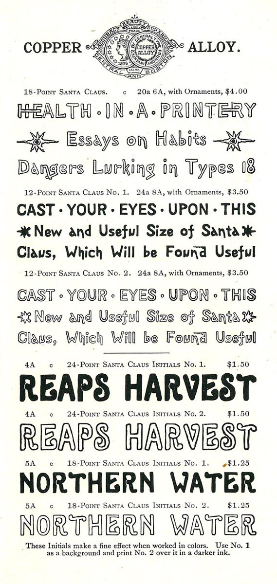 stbridefdn's tweet image. What could be more Christmassy than a typeface called Santa Claus? From the Boston Type Foundry and marketed in the UK by Frederick Ullmer Ltd in 1892.