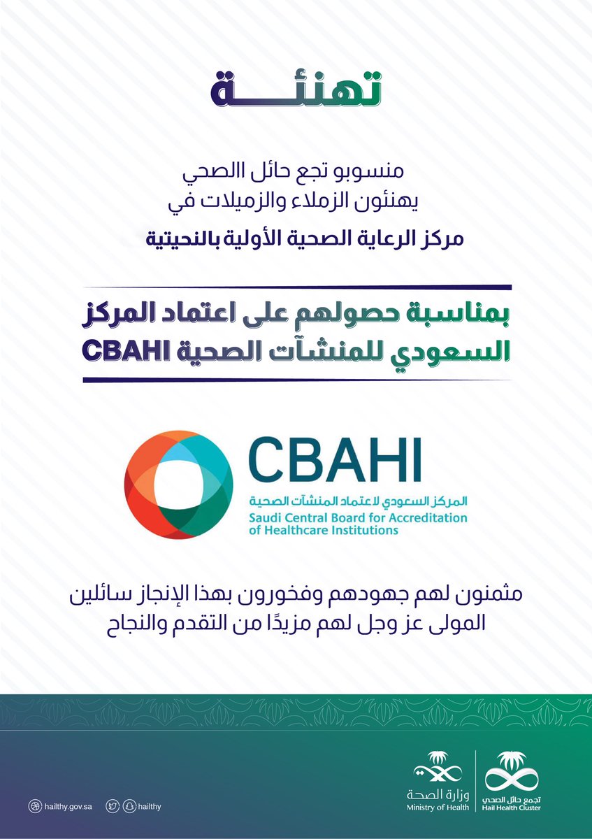 #تهنئة| منسوبو تجمع حائل الصحي يهنئون الزملاء والزميلات في مركز صحي النحيتية؛ بمناسبة حصولهم على الاعتماد للمركز السعودي للمنشآت الصحية CBAHI
.
#تجمع_حائل_الصحي