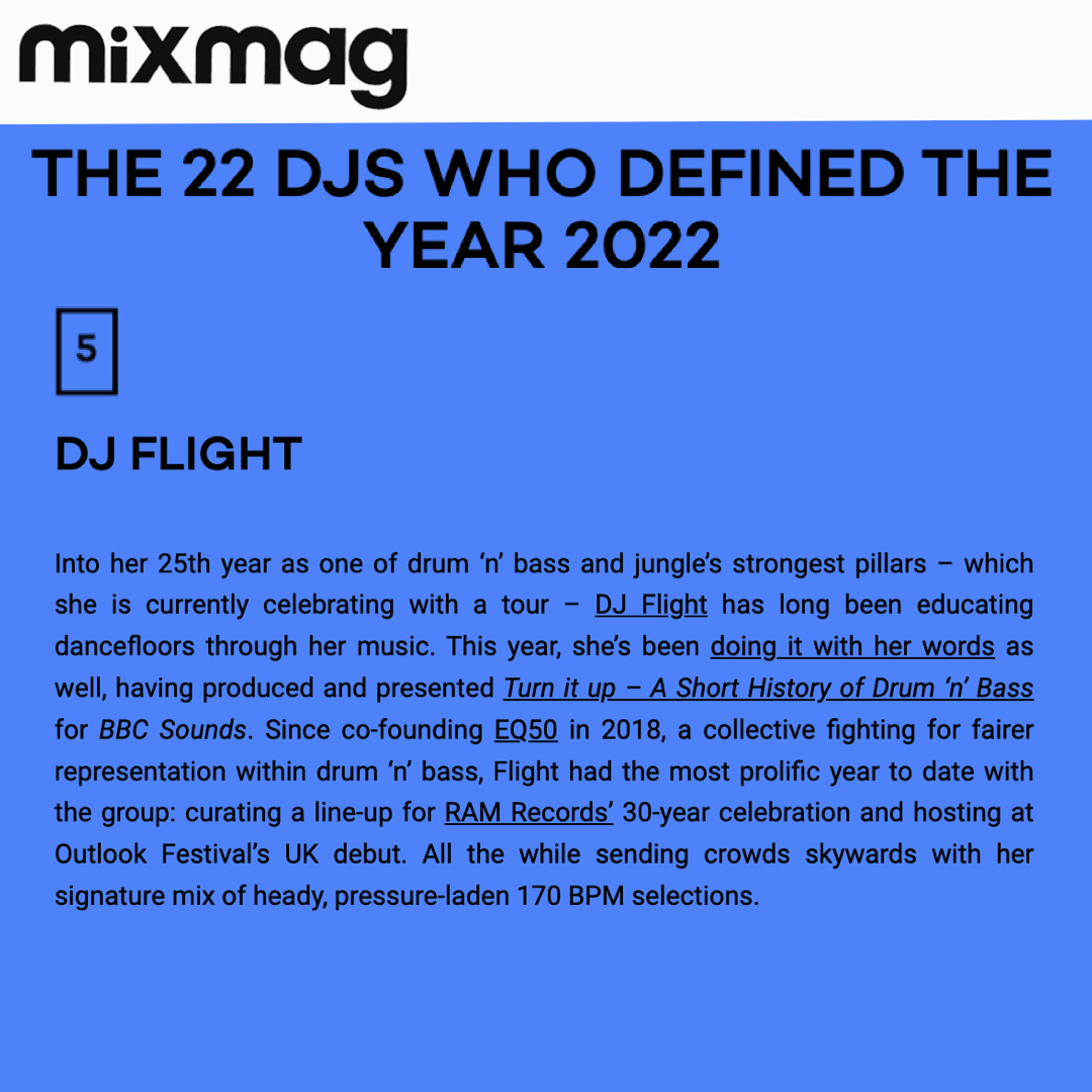 Earth_Agency's tweet photo. Well, would you look at that, @DJFlight only landed herself in the Top 5 DJ's that defined the year 2022 in @Mixmag and most deservedly so! 🙌

#DJFlight #mixmag #25YearsOfFlight #bestof2022 #pioneer #drumnbass #dnb #dj #dnbdj #earthagency #earthmusicagency https://t.co/4h0YzWxMye