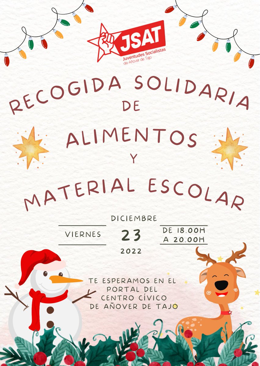 JSAnoverdeTajo's tweet photo. Recogida solidaria de alimentos y material escolar. Este viernes 23 de diciembre de 18.00 a 20.00 horas en la Plaza de España de Añover. Os esperamos. #NavidadesSolidarias https://t.co/QrusrF0mBq