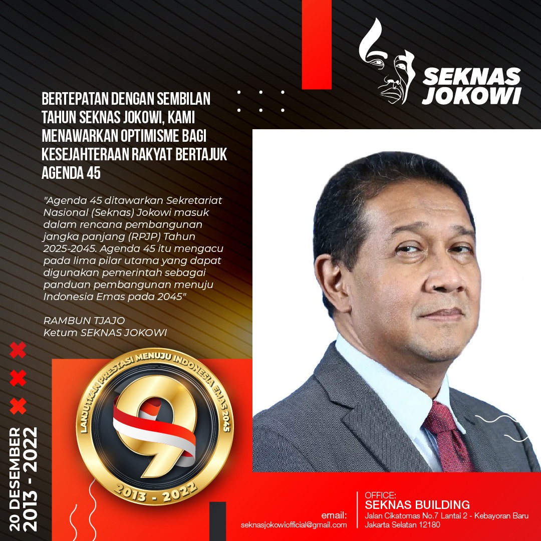 Bersama SEKNAS JOKOWI menawarkan optimisme bagi kesejahteraan rakyat bertajuk Agenda 45.
#ULTAHSEKNASJOKOWI