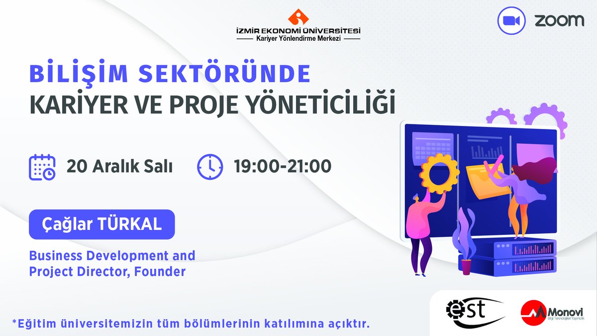 Monovi Bilgi Teknolojileri'nin Kurucusu ve Proje Direktörü Çağlar Türkal, etkinlik kapsamında 20 Aralık Salı günü saat 19:00 ile 21:00 arasında, zoom üzerinden siz öğrencilerimiz ile buluşacaktır. 
Katılım için: forms.gle/2hky7qzHX31bqX…