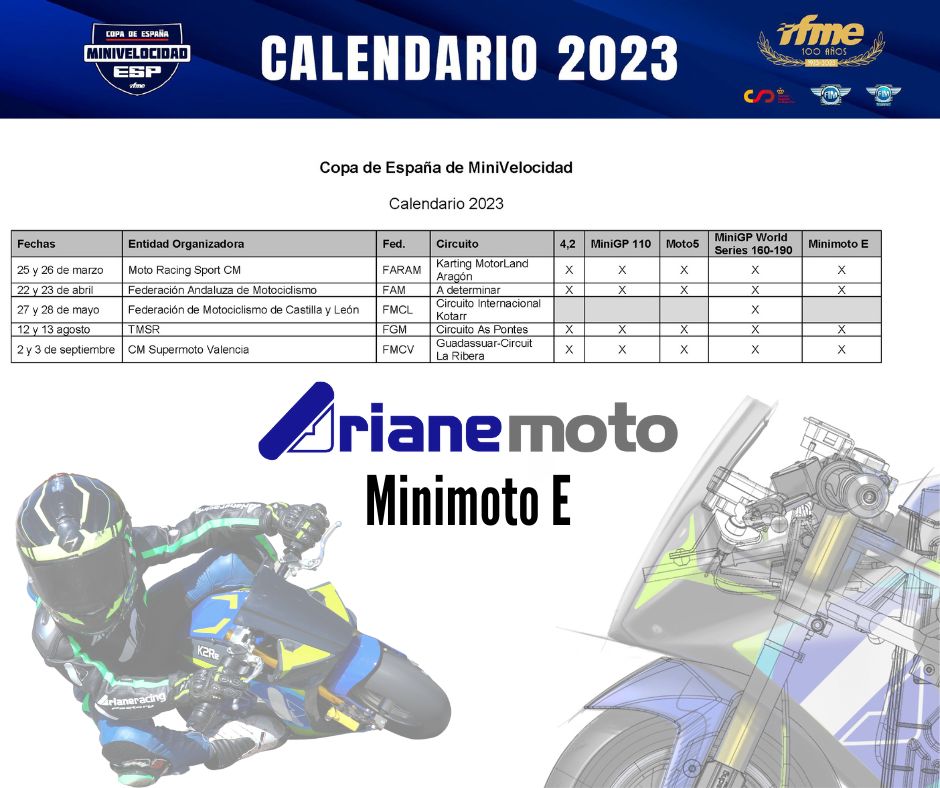 ArianeMotoMC's tweet photo. 📢 Ya tenemos calendario 2️⃣0️⃣2️⃣3️⃣ ! ArianeMoto vuelve la próxima temporada con la categoría de Minimoto E dentro de la Copa de España de Minivelocidad. ¡Os Esperamos! 
#Minivelocidad #Minimotoelectrica #RFME #copadeespañaminivelocidade #ArianeK2Re #ArianeMoto #electricmobility https://t.co/5v8qxQnYig