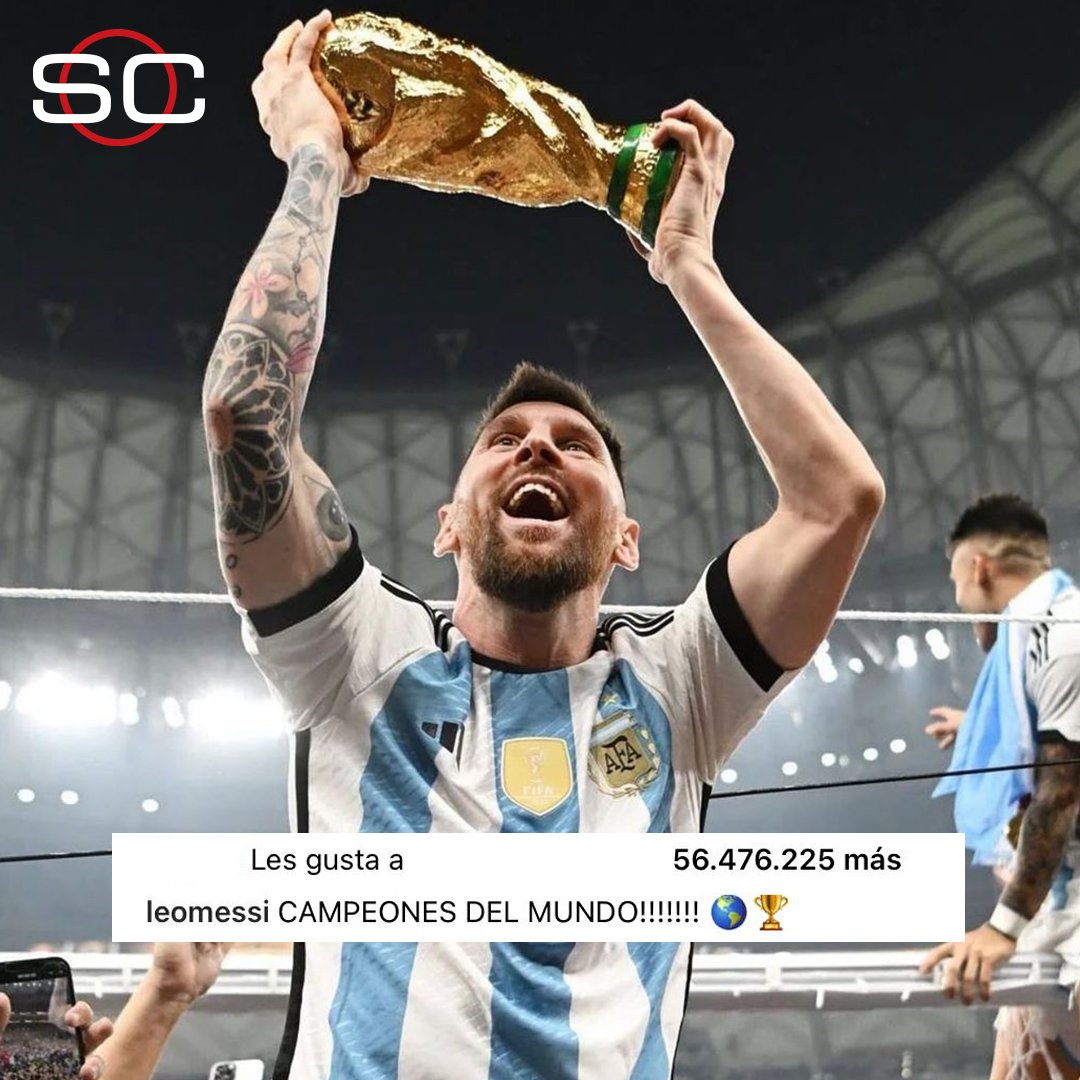 SC_ESPN's tweet photo. ¡Y LIONEL MESSI SE QUEDA CON UN NUEVO RÉCORD!

📸 La foto de Leo con la Copa del Mundo ya es la publicación con más likes en la historia de Instagram: ¡más de 56 millones y a seguir sumando! https://t.co/q30UmQGFJR