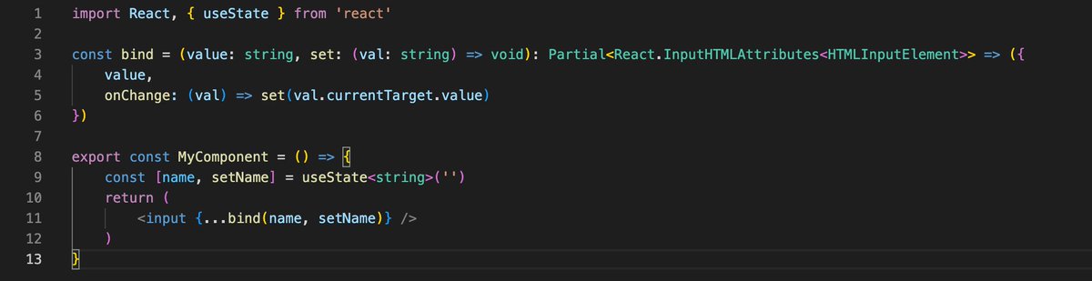 Easy two way databinding in React. I love the VueJS solution, thats why I came up with this which is close enough for me.

#React #VueJS #TypeScript