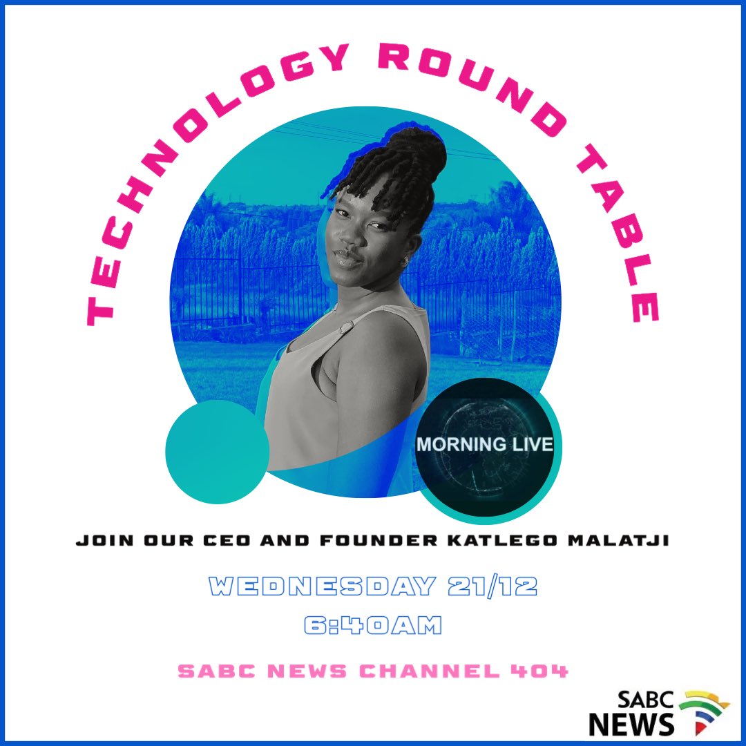 Please join in <a href="/MorningLiveSABC/">SABCNews_MorningLive</a> tomorrow morning as our Founder and CEO sits at the #womenintech round table. 
6:40am on <a href="/SABC2/">SABC 2  Feel at Home</a> and <a href="/SABCNews/">SABC News</a> 

#katlegomalatji