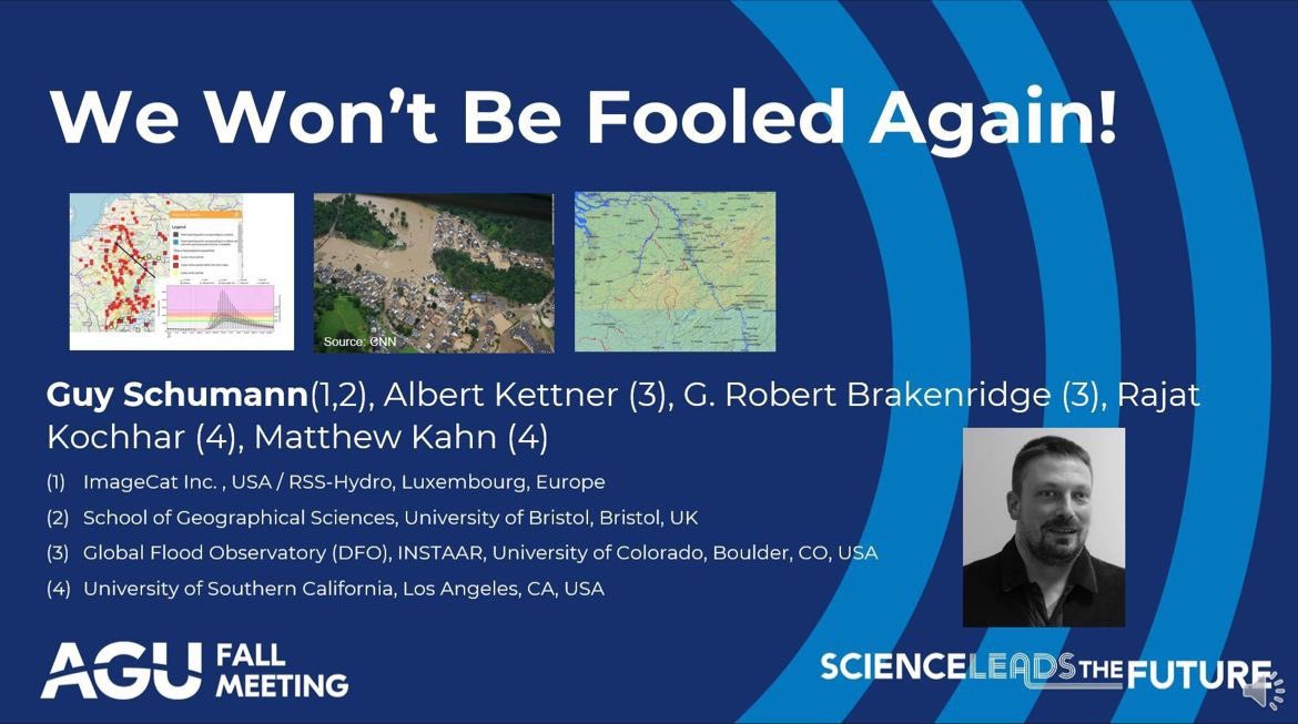 RssHydro's tweet photo. ❗️We Won’t Be Fooled Again❗️
Our CEO Guy Schumann presented our last scientific contribution at #AGUfallmeeting2023. 
The speech talks about how we can use models and data more intelligently to avoid a disaster when high-impact flooding occurs.
#naturaldisasters #smartmanagement https://t.co/ESILh84FSg