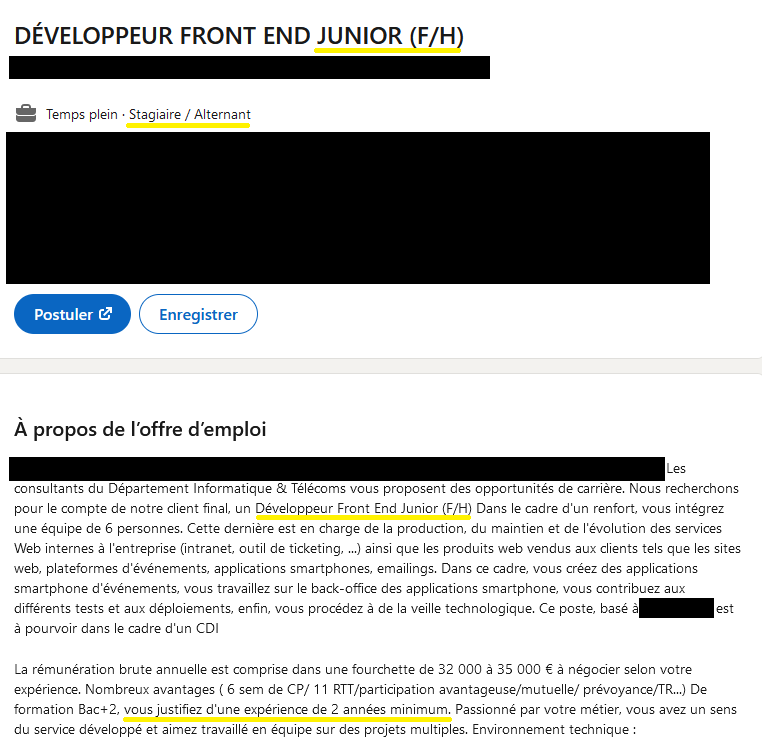 Tiny_Nerak's tweet photo. Houston, on a un problème...
Je fais comment, moi, à 34 ans, diplômée depuis juillet dernier dans le cadre d'une reconversion, pour trouver un boulot en tant que "junior" quand TOUTES les offres d'emploi pour un(e) "junior" exigent une expérience de 2 ans minimum ? 1/2 https://t.co/vHxKgiUjfQ