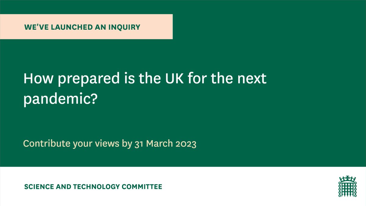 We have launched an inquiry into the UK’s preparedness for emerging diseases with pandemic potential. It will include the threat posed by zoonotic diseases &amp; lessons learnt from covid-19. The deadline for written submissions is 31 March 2023.

Details:

committees.parliament.uk/committee/135/…