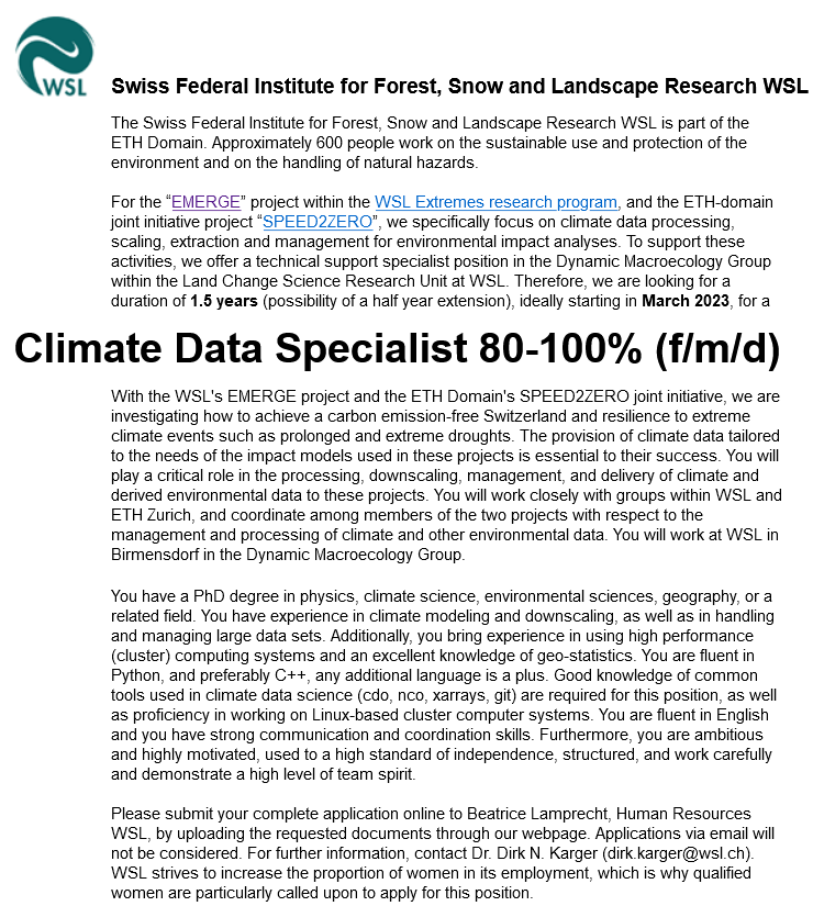 DirkNKarger's tweet photo. JOB ALERT: for the @ExtremesWsl and #ETH joint initiative #SPEED2ZERO we are looking for a Climate Data Specialist working at @WSL_research. APPLY NOW: https://t.co/2AkB0wtLKG https://t.co/TQvETKI1HL