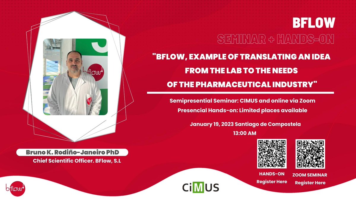 𝐁𝐅𝐥𝐨𝐰 𝐍𝐞𝐰𝐬📢
👨‍🔬Our colleague Bruno will be presenting a seminar + hands-on at <a href="/cimususc/">CiMUS</a> the 19th of January🗓️.
🧐"BFlow, example of translating an idea from the lab to the needs of the pharmaceutical industry".
Limited places: Register and do not miss out on your place!