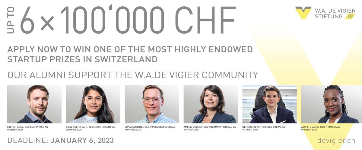 Listen up, Swiss startup entrepreneurs: up to six W.A. #DeVigier Awards of CHF 100,000 each are handed out each year.
Apply now to follow in the footsteps of brilliant founders of Swiss startups: devigier.ch
#SwissStartups