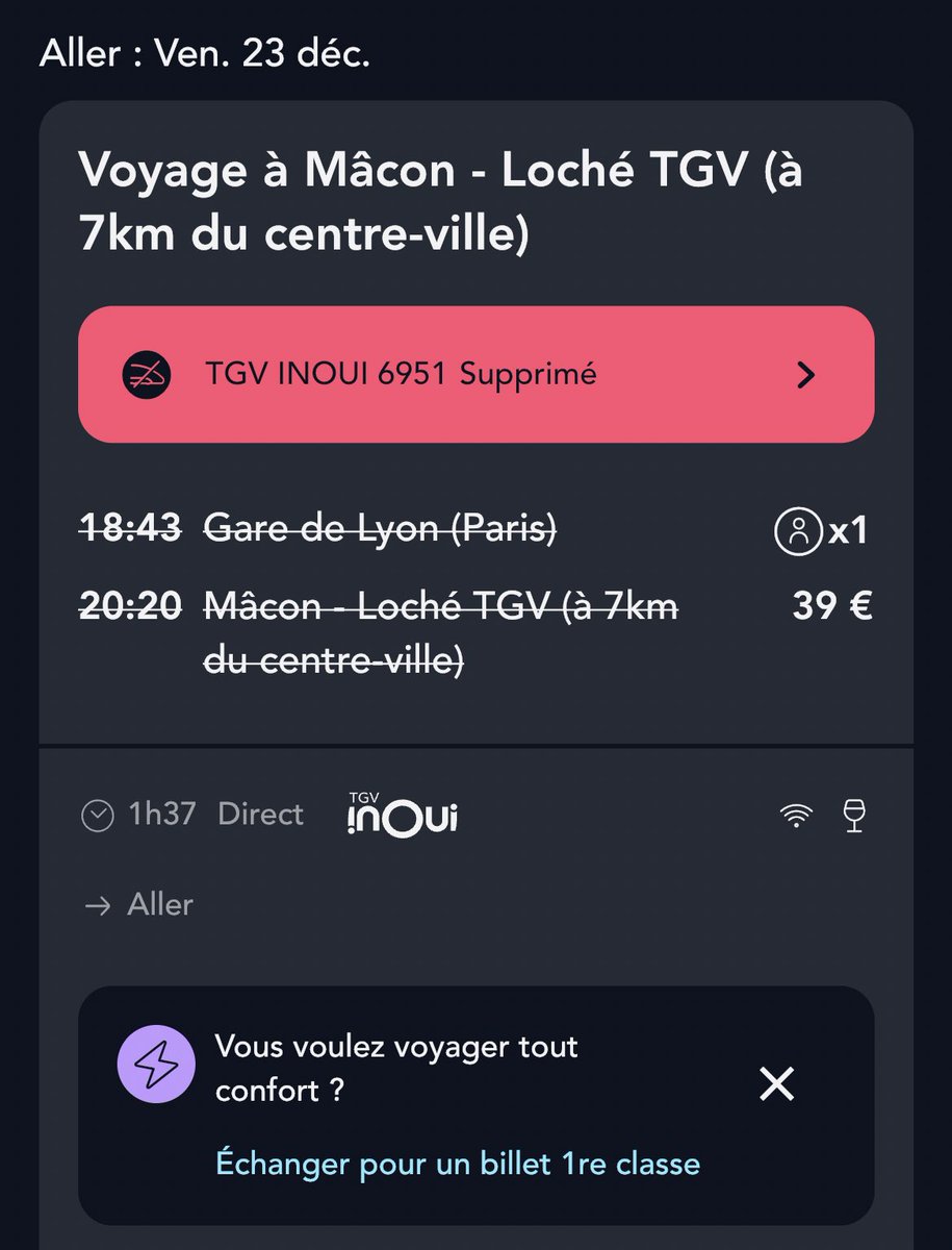PaulineHgr's tweet photo. Même pas un mail pour nous prévenir @GroupeSNCF @SNCFConnect @SNCFVoyageurs … et bien sûr aucune solutions, tout le reste est complet.  #JoyeuxNoel 🖕🏼 https://t.co/uGdWOjzZcZ