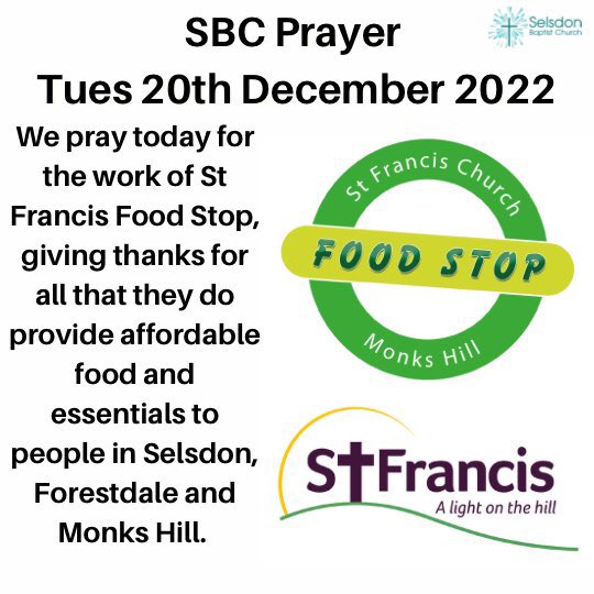 Today’s SBC Prayer 🙏 

#stfrancis #stfrancismonkshill #stfrancisfoodstop  #godsprovision #makingendsmeet #challengingtimes #costofliving #prayforthosestruggling #prayforfamilies #givethanksforvolunteers #prayforthosetheysupport #dailyprayer #sbcprayer #localcommunity #selsdon