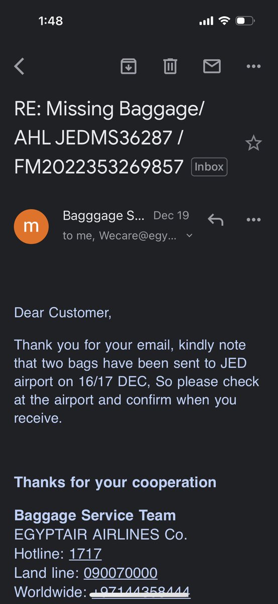 theBassilisk's tweet photo. @EGYPTAIR I was told by you guys that my bags were shipped to JED airport. We went to JED yesterday to pick up the bags (had to spend 600 SRA). Out of my 3 bags only one was there (damaged). Where are the other bags? I have responded to the email but still haven’t heard back https://t.co/g60SX7urAD
