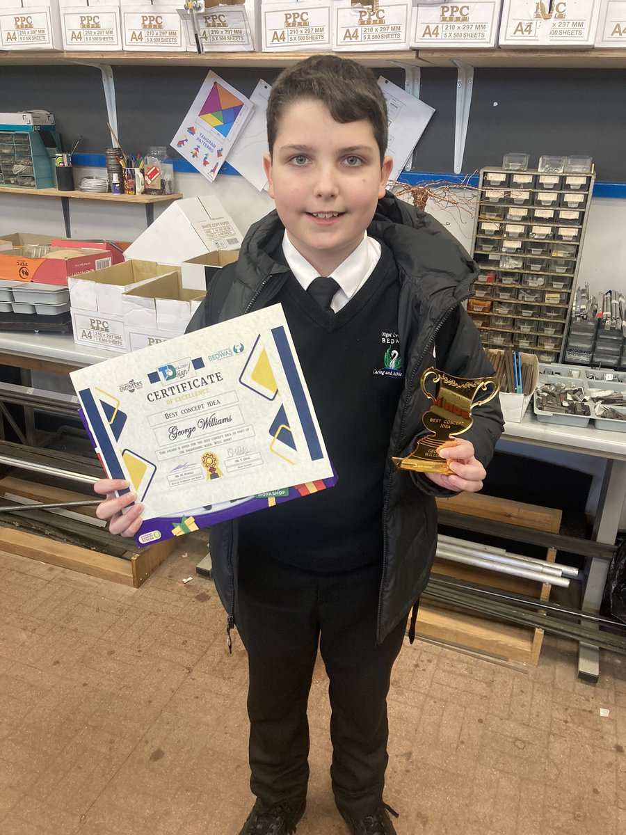 DTBedwasHigh's tweet photo. Our fourth winner is George Williams in year 8. He was awarded best concept idea! George designed a drone fire extinguisher! Well done! #topengineer @Tomorrows_Eng https://t.co/KuJBN5Dj9I