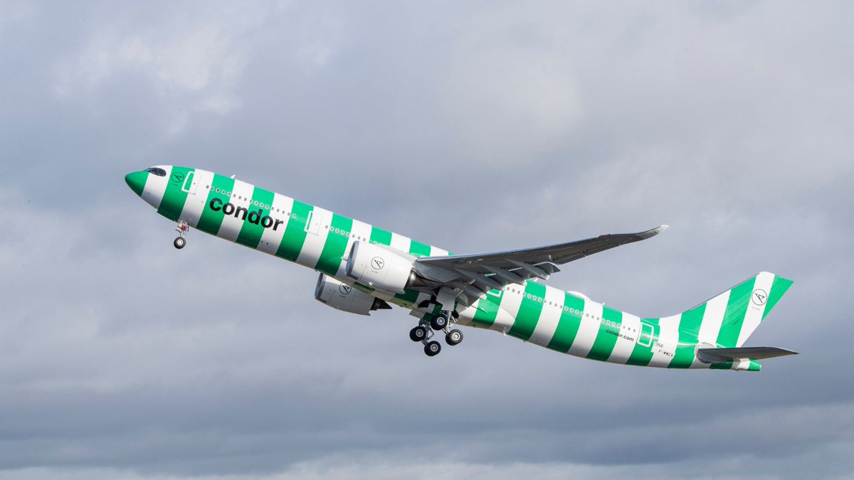 Airbus's tweet photo. Today, we see the #A330neo joining @Condor's fleet. With this first delivery she has certainly earned her summer stripes 😉. 
Her comfortable and connected #AirspaceCabin will soon set the holiday mood - flying holidaymakers more responsibly to their favourite destinations 🏖️. https://t.co/FiQz1fw3mi