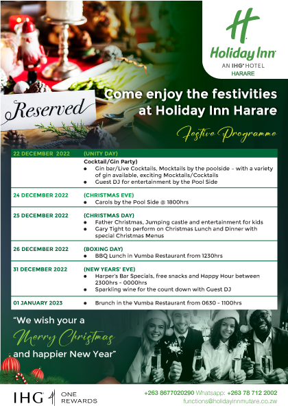 HolidayInnHre's tweet photo. We have something for everyone this holiday season. Come through to Holiday Inn Harare and experience the festivities into the New Year.

#HolidayInnHarare #Christmas #FestiveProgram #ChristmasEve #NewYearsEve https://t.co/tVSCGWriEa