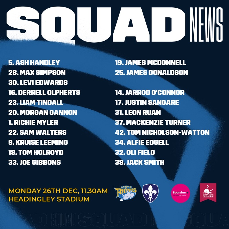 leedsrhinos's tweet photo. Rohan Smith has named an exciting line up for the @wetherbywhaler Festive Challenge on Boxing Day against Wakefield at Headingley, kick off 11.30am.