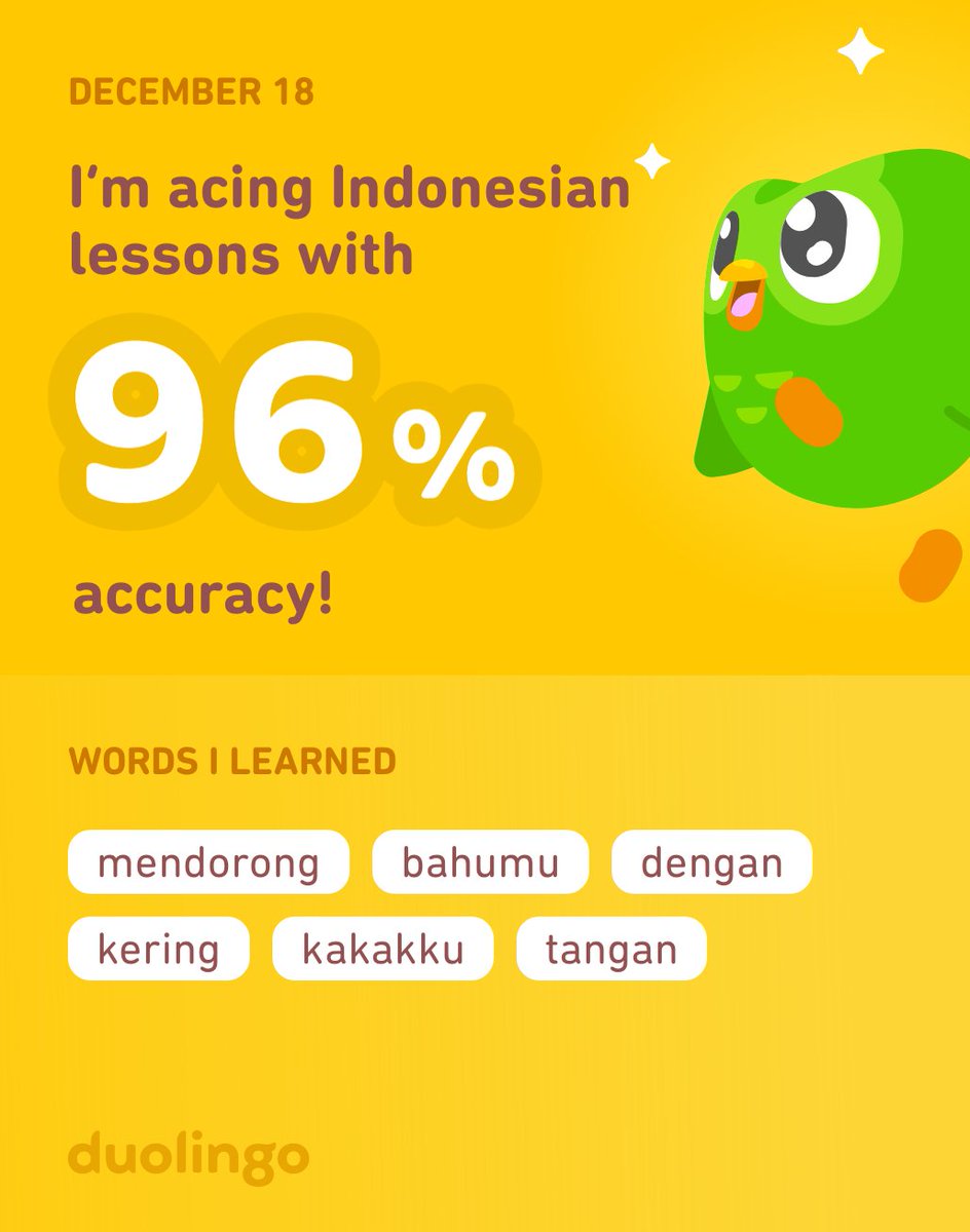 twcnomad's tweet photo. I’m learning Indonesian on Duolingo! It’s free, fun, and effective. https://t.co/2TUy34hnlC