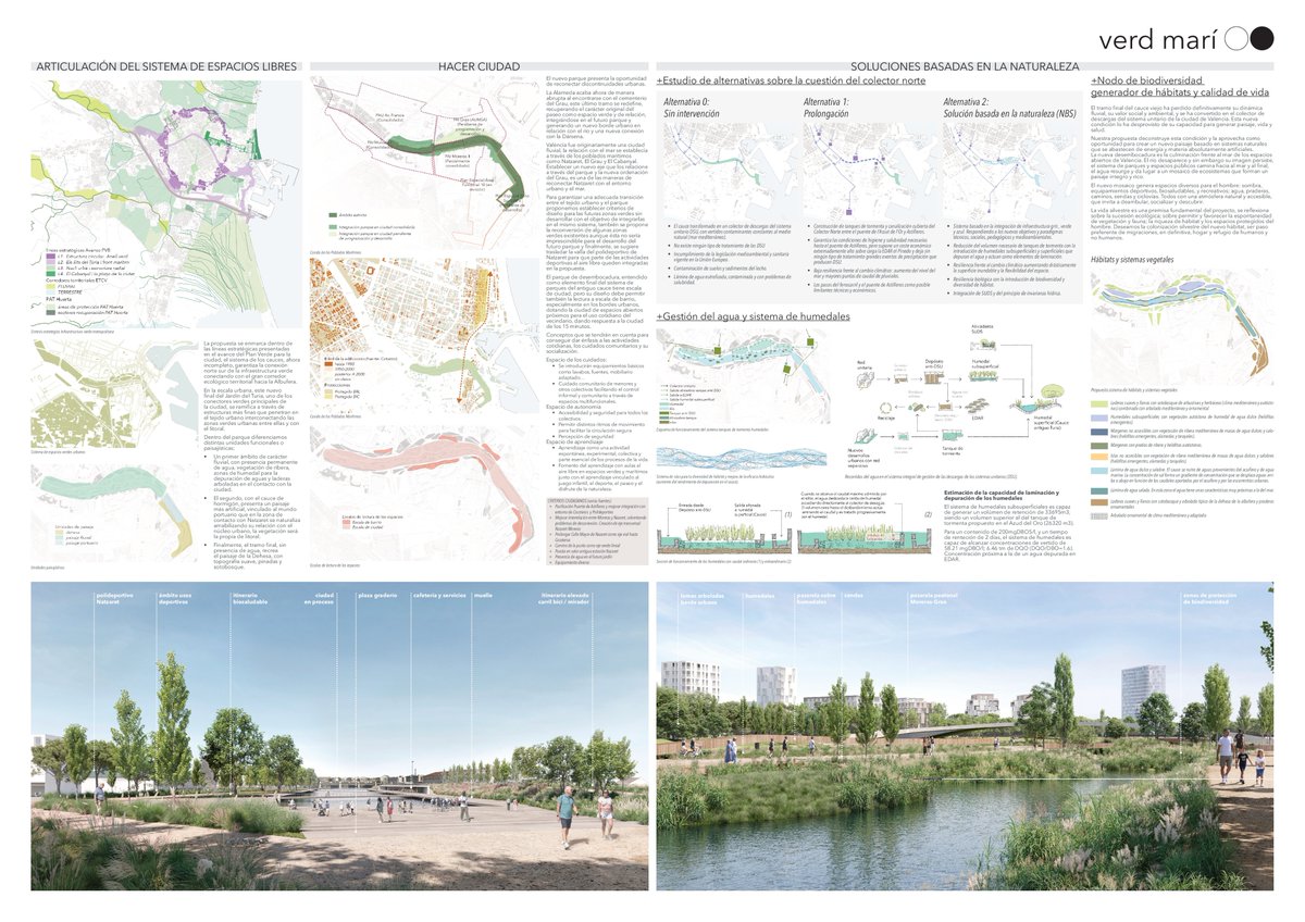 5⃣Verd-Marí

🌾Un primer paisatge fluvial que es ramifica i estén fins a aiguamolls amb vegetació de ribera per a depurar l'aigua

🍃Renaturalitza el paisatge portuari amb un tram final que recrea la Devesa

⛵️Topografia suau com a barrera enfront de la zona portuària

👇