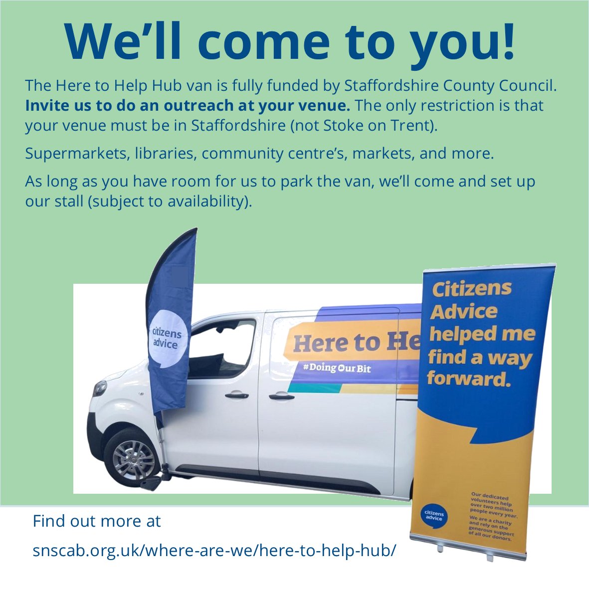 SNS_CAB's tweet image. The #HereToHelpVan is available to borrow by non-profits in Staffordshire, either alone or you can team up with us or another non-profit.

Outreach can be anywhere in North Staffs but not Stoke on Trent.

snscab.org.uk/where-are-we/h…