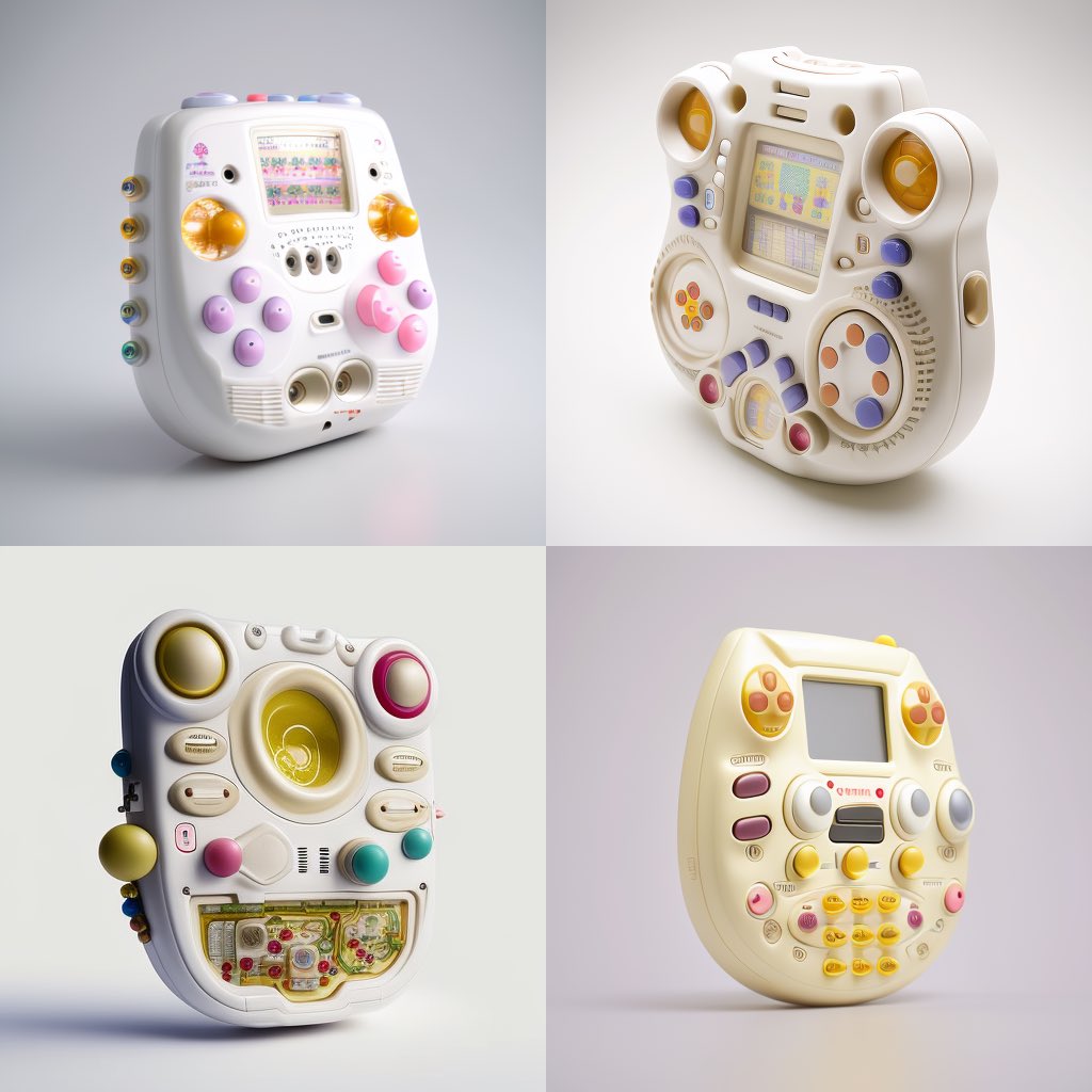 jonashoffmann's tweet photo. Started playing around with #midjourney during a long train ride. (Inspired by https://t.co/L7zidlEsGf) it's quite fun to imagine alternative 90s tech toys #aiart https://t.co/OGkpkq5plK
