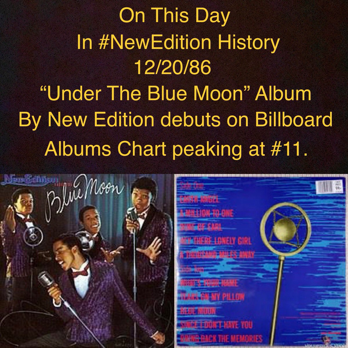 #OTD in 1986, New Edition’s “Under the Blue Moon” album debuts on the Billboard Albums Chart and would peak at #11. #NewEdition #NE4LIFE #EarthAngel #TearsOnMyPillow #DukeOfEarl #onthisday #onthisdayinmusic #ralphtresvant #rickybell #michaelbivins #ronniedevoe #legacytour #2023