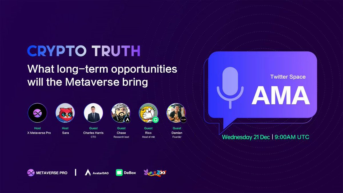 📣X MetaversePro Twitter Space!

Time:21 Dec|9:00 AM UTC
Venue:x.com/i/spaces/1OyJA…
Prize Pool: $200XMETA
How to win prizes?

1. Follow
<a href="/XMetaversePro/">X-Metaverse Pro</a>
<a href="/avatar_dao/">Gruuuth</a>
<a href="/DeBox_Social/">DeBox</a>
<a href="/superzoo_io/">SuperZoo (🐱, 🐱)</a>
2. Like&amp;RT@ 3Friends
3. Ask questions in the space!