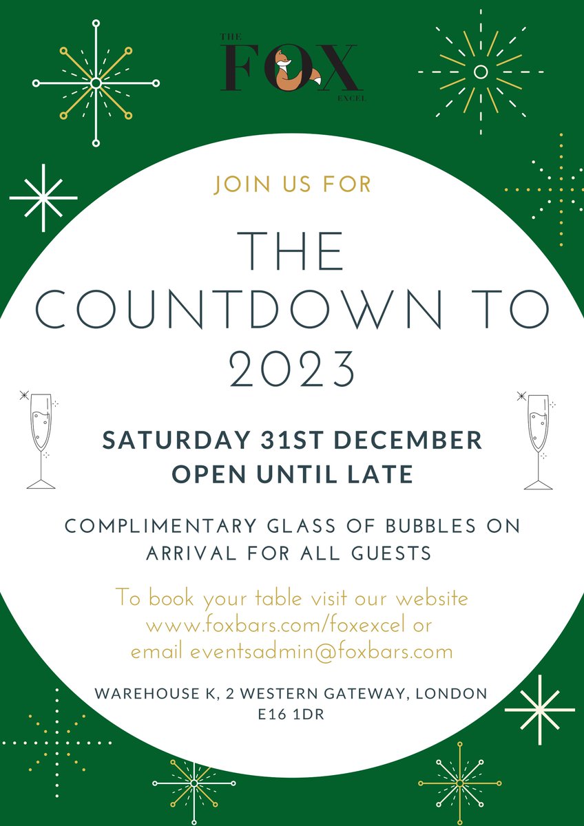 What are your New Year plans? 

Join us at The Fox Excel for The Countdown to 2023.
A complimentary glass of fizz on arrival for all our guests.
Book your table on our website here:
bit.ly/36sebJZ
#newyearseve #newyearsparty #newyearspartyvenue #newyearspartylondon #pub