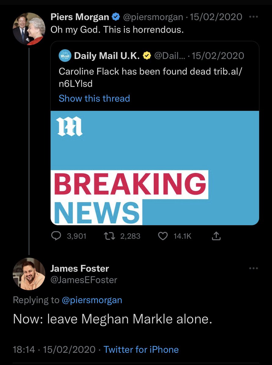 JamesEFoster's tweet photo. @DrPragyaAgarwal @piersmorgan Piers Morgan blocked me after this exchange. In 2020. He’s done anything but leave Meghan alone. The man is disgusting, in my honest opinion. https://t.co/zLSs5hSnDR