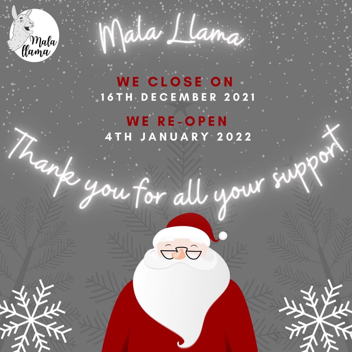 MalaLlamaTools's tweet photo. Christmas is just around the corner 🎁🎄

We will be closing for Christmas on 16th December and we will re-open on 4th January 2022.

Don’t forget to place your orders before Thursday to ensure delivery before we close for Christmas 🎁🎄

Thank you for all your continued support. https://t.co/rqPurKlzch