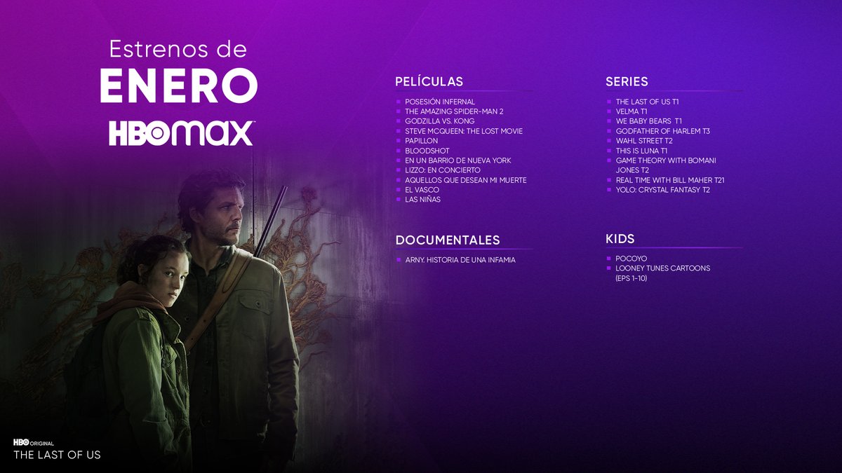 HBOMaxES's tweet photo. Este enero en HBO Max, todo esto ¡y mucho más! 💜 https://t.co/i5jobKqSf6
