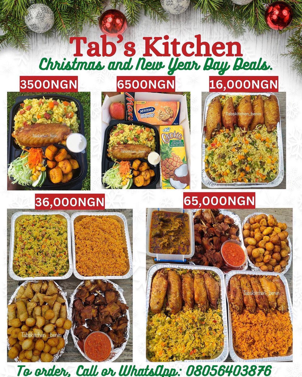 Tabs_kitchen's tweet photo. 🥁Introducing our Christmas and New Year Day Deals🥁 
(Swipe to see Food tray Deals)

You can start placing your orders for you and your loved ones😁

We deliver to any location in Benin City (Charges Apply)

Orders for Christmas Close 9:AM,
December 24th. https://t.co/0rlmy3EYxs