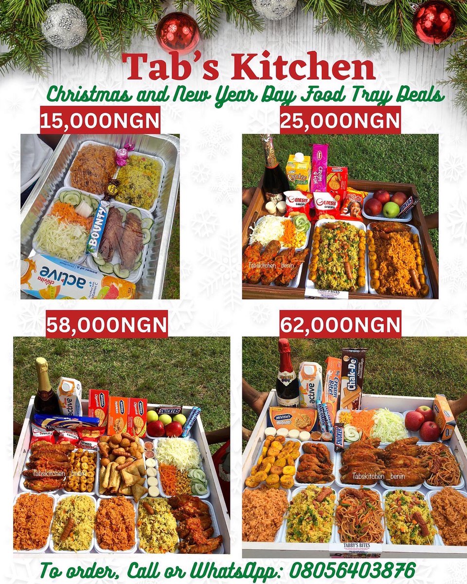 Tabs_kitchen's tweet photo. 🥁Introducing our Christmas and New Year Day Deals🥁 
(Swipe to see Food tray Deals)

You can start placing your orders for you and your loved ones😁

We deliver to any location in Benin City (Charges Apply)

Orders for Christmas Close 9:AM,
December 24th. https://t.co/0rlmy3EYxs
