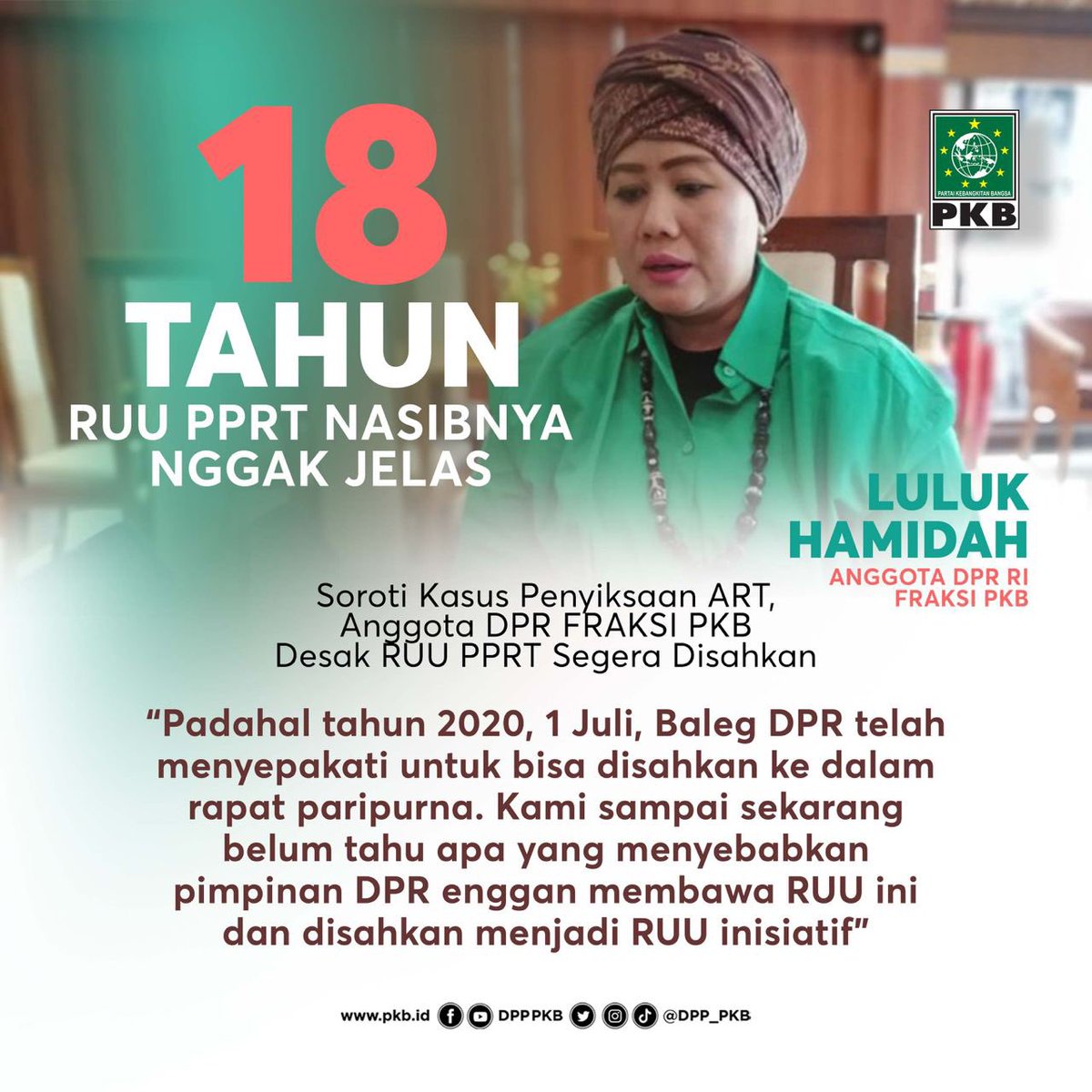 Anggota DPR RI Fraksi PKB <a href="/lulukhamidah/">Luluk Hamidah</a> soroti kasus penyiksaan Asisten Rumah Tangga (ART) dan mendesak RUU Perlindungan Pekerja Rumah Tangga (PPRT) segera disahkan. 

#SavePRT #GusMuhaimin #PKB
