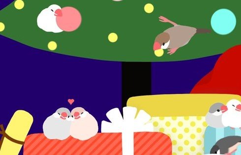 毎日更新してる文鳥イラストのアドベントカレンダー、シナモンちゃんの視線の先はクリスマスのラブラブカップルでしたとわにさちあれ 