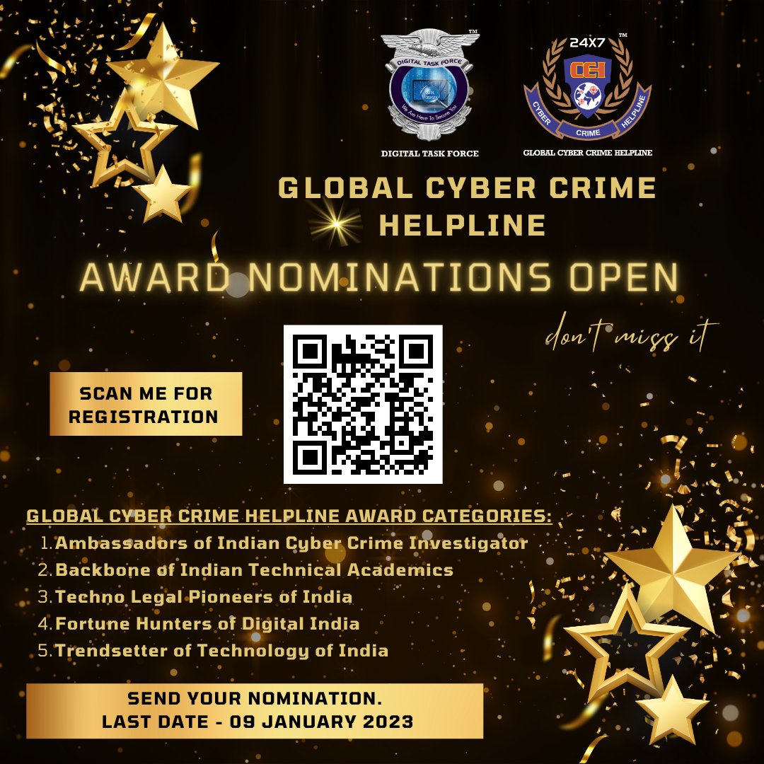 Last Date for Nominations: 09 January 2023
#CyberCrimes #CyberCrimeAwards #Pune #cybersurkshaabhiyan