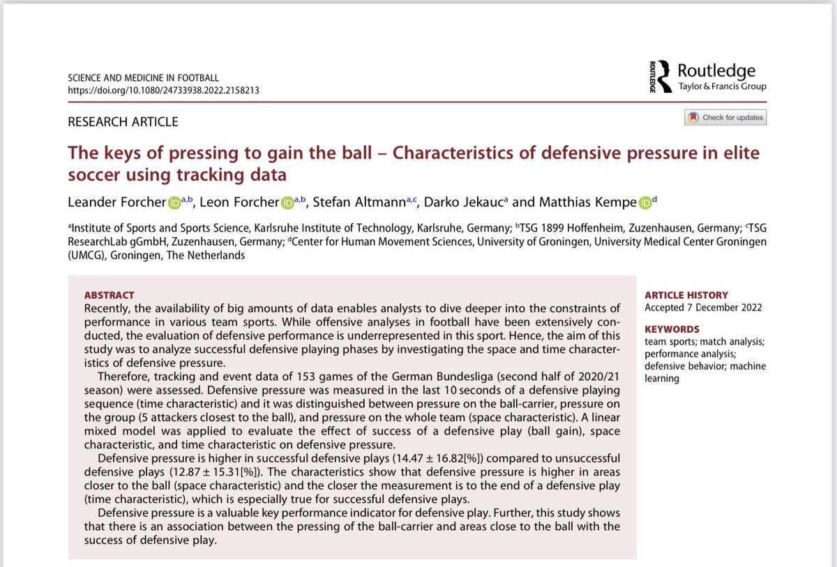 In soccer, the DEFENSE is the key to success!

• new study published in Science and Medicine in Football
• shows a way how to quantify defensive performance
• up to date analysis using tracking data
• detailed insights into successful defending tactics
doi.org/10.1080/247339…